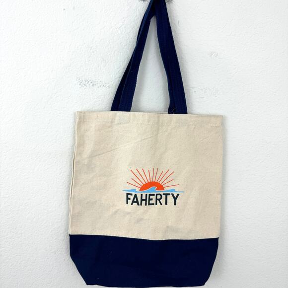 Faherty Handbags - Faherty Canvas Lightweight Reusable Tote Bag Branded Cream Blue